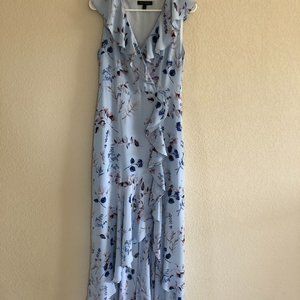 Banana Republic Dusty Blue Print Ruffled High Low Midi Dress
